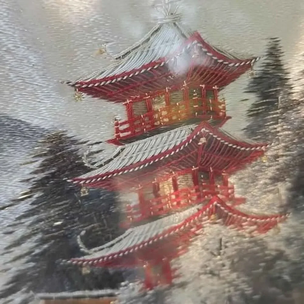 Vintage Asian Silk Embroidery Pagoda Landscape Framed Wall Art